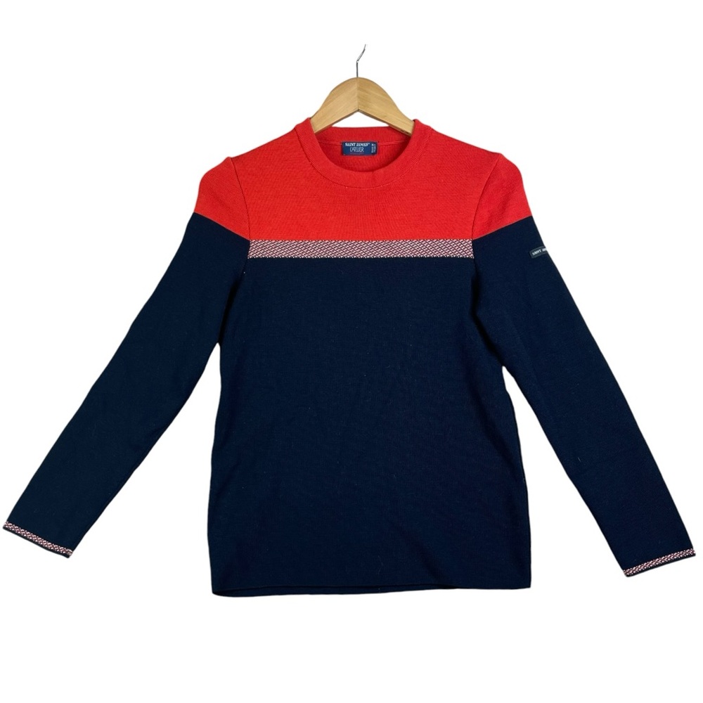 Saint James L' Atelier 100% Wool Color Block Navy Blue Red Women Sweater Size 6 - Picture 2 of 16